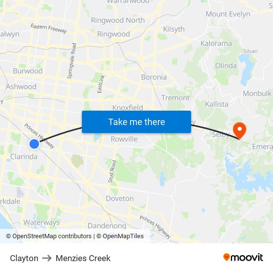 Clayton to Menzies Creek map