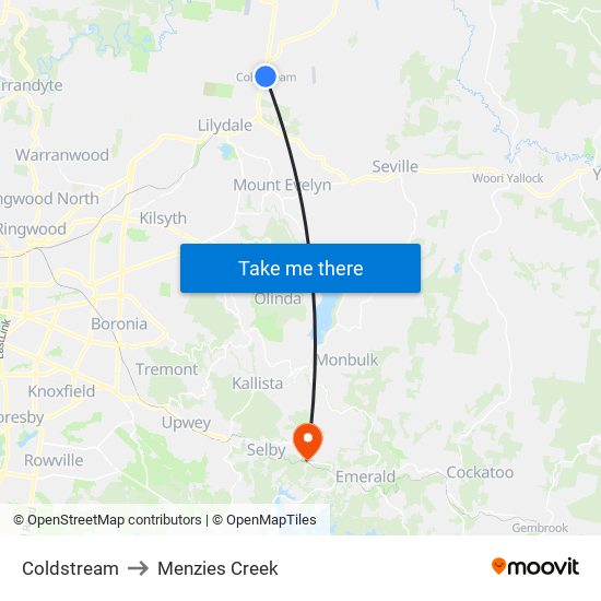 Coldstream to Menzies Creek map