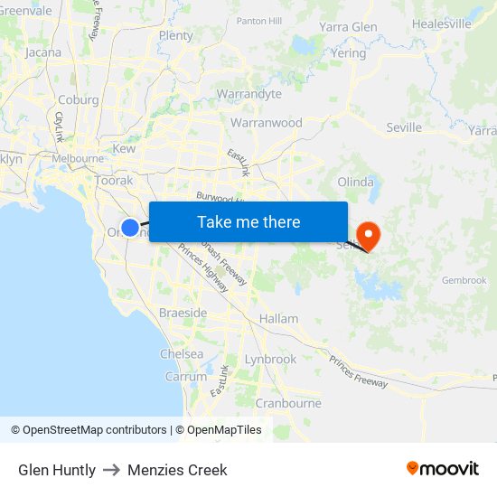 Glen Huntly to Menzies Creek map