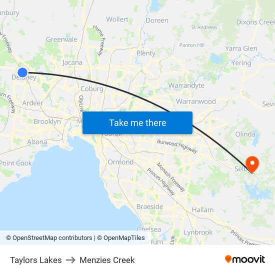 Taylors Lakes to Menzies Creek map