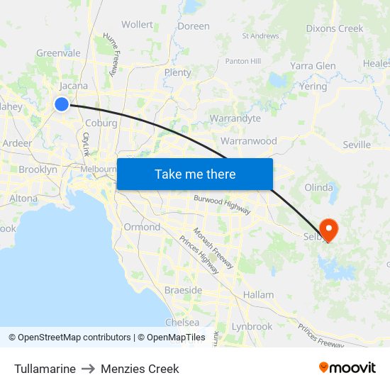 Tullamarine to Menzies Creek map