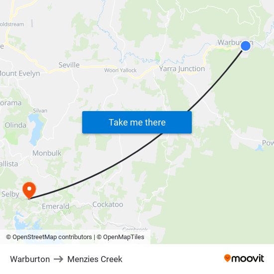 Warburton to Menzies Creek map