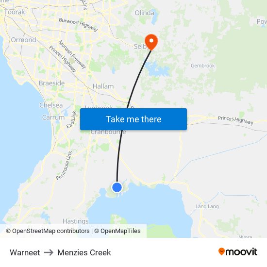 Warneet to Menzies Creek map