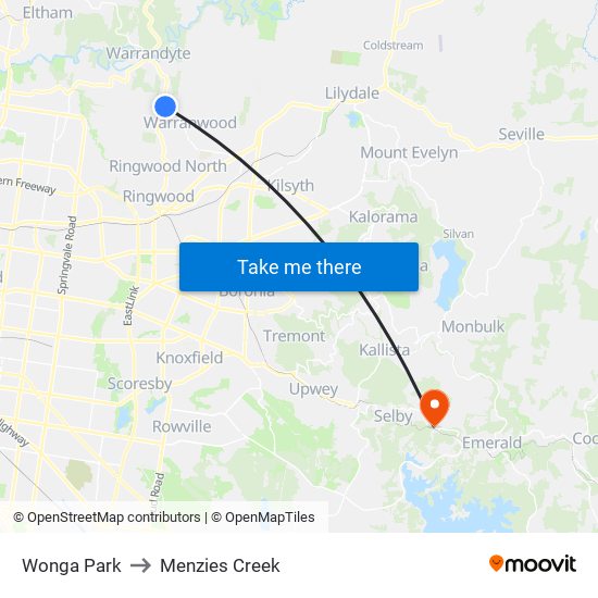 Wonga Park to Menzies Creek map