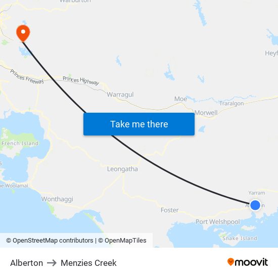 Alberton to Menzies Creek map