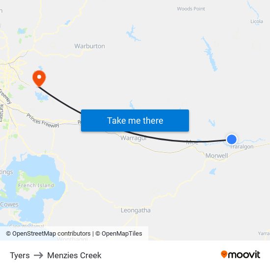 Tyers to Menzies Creek map