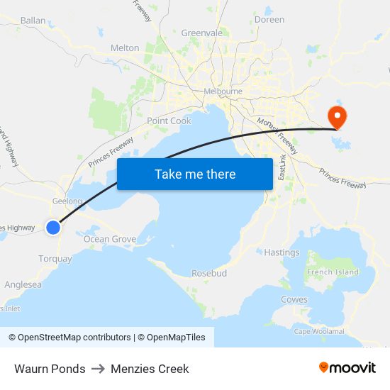 Waurn Ponds to Menzies Creek map