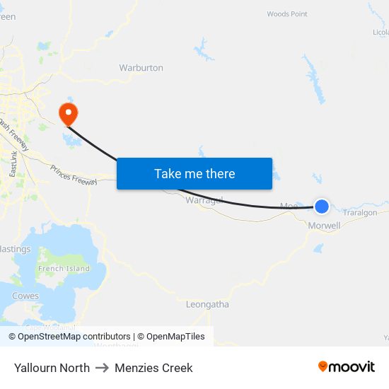 Yallourn North to Menzies Creek map