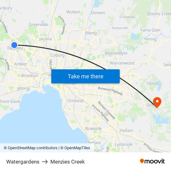 Watergardens to Menzies Creek map