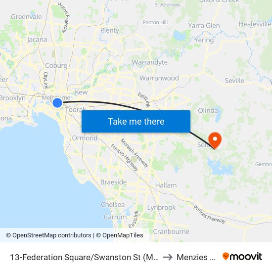 13-Federation Square/Swanston St (Melbourne City) to Menzies Creek map