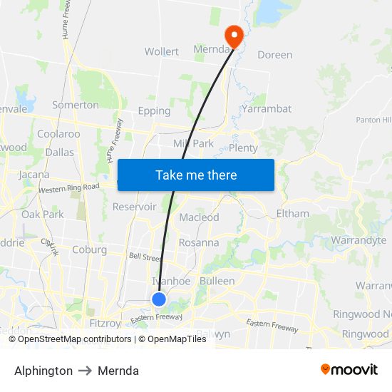 Alphington to Mernda map