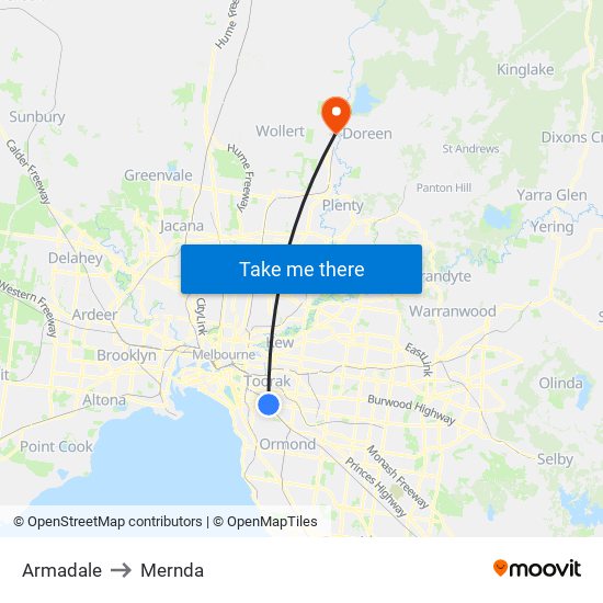 Armadale to Mernda map