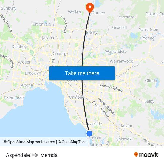 Aspendale to Mernda map