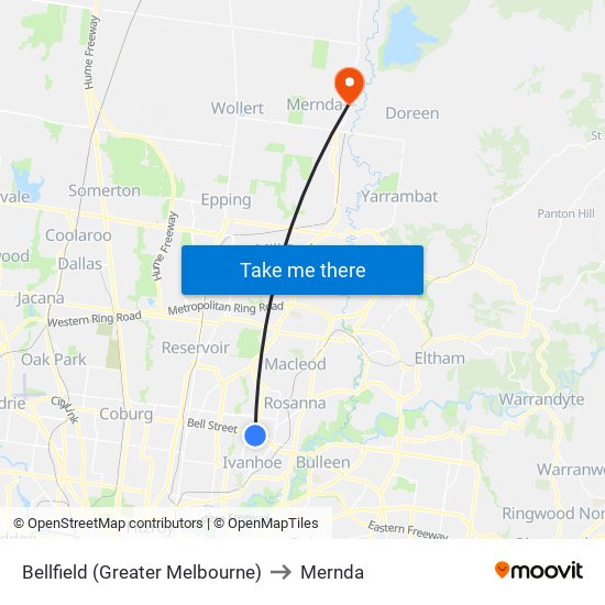 Bellfield (Greater Melbourne) to Mernda map