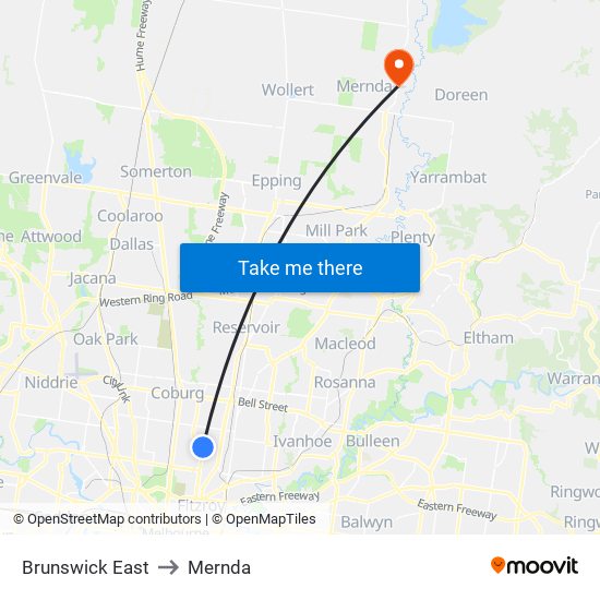 Brunswick East to Mernda map