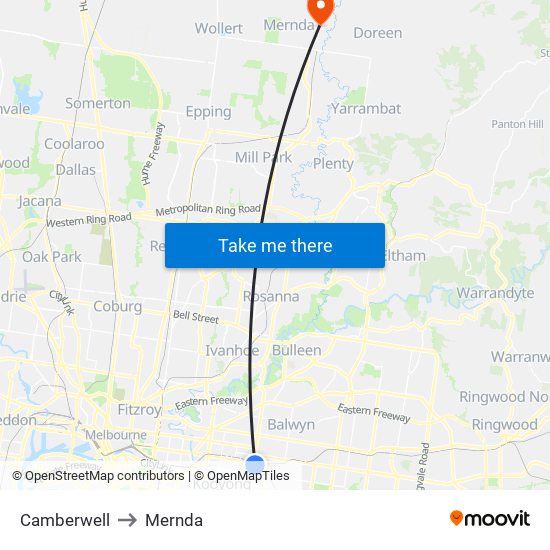 Camberwell to Mernda map