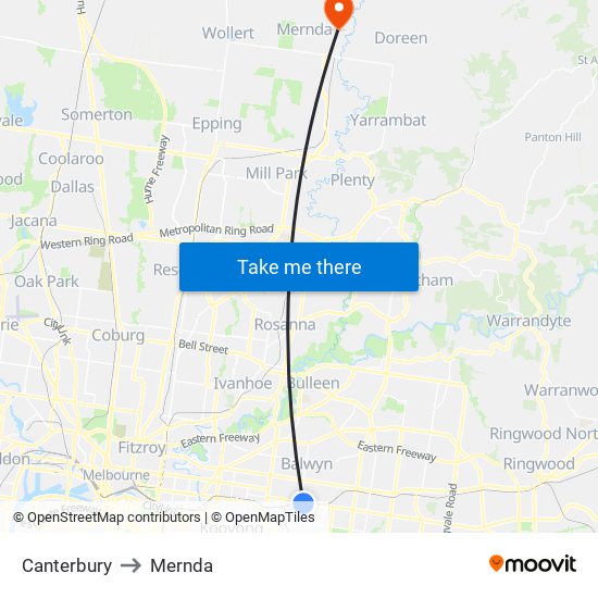 Canterbury to Mernda map