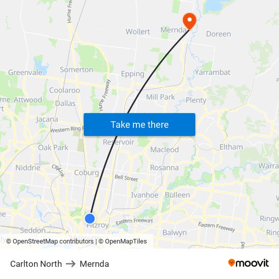 Carlton North to Mernda map