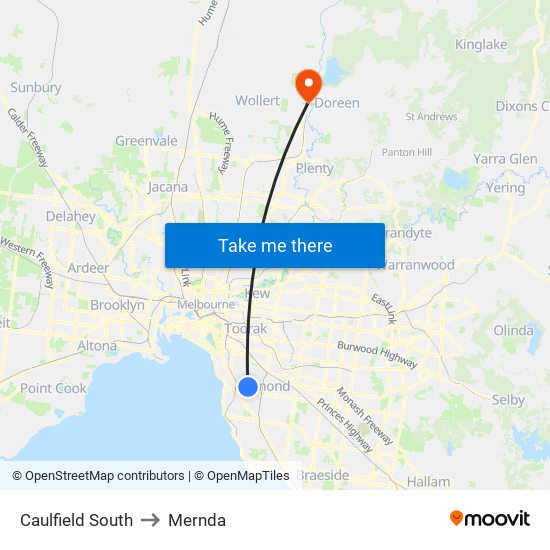 Caulfield South to Mernda map