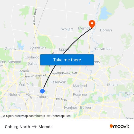 Coburg North to Mernda map