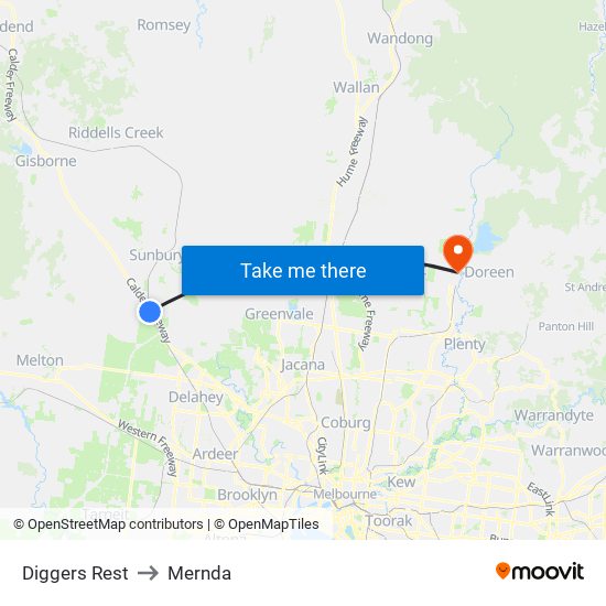 Diggers Rest to Mernda map