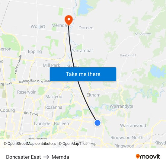 Doncaster East to Mernda map