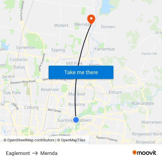 Eaglemont to Mernda map