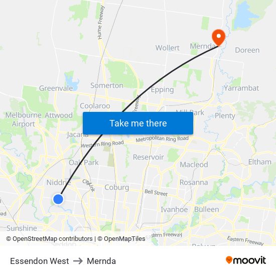 Essendon West to Mernda map