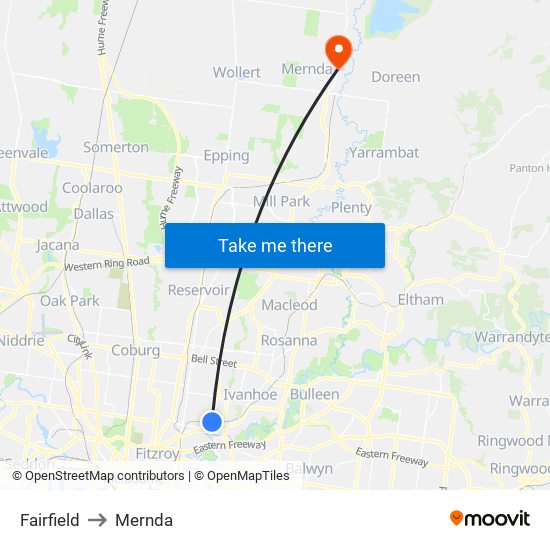 Fairfield to Mernda map