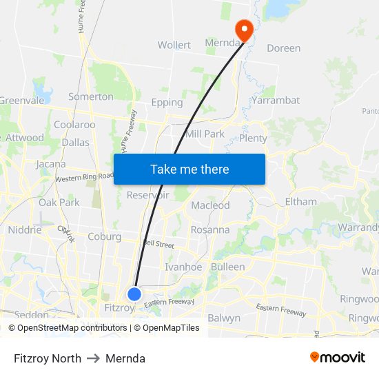 Fitzroy North to Mernda map