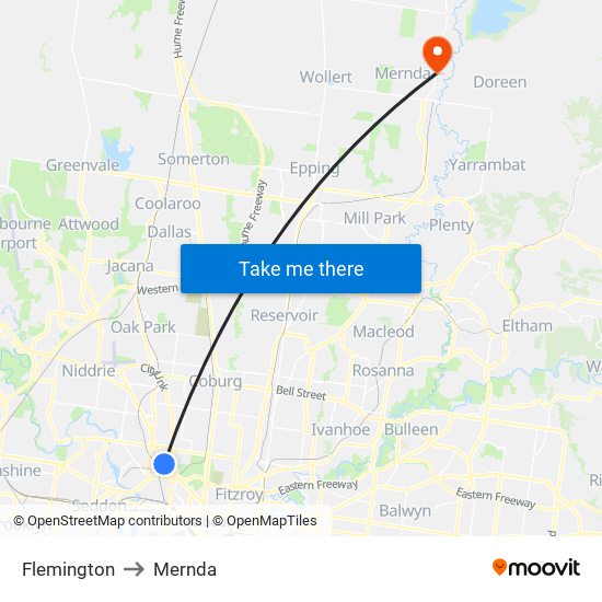 Flemington to Mernda map