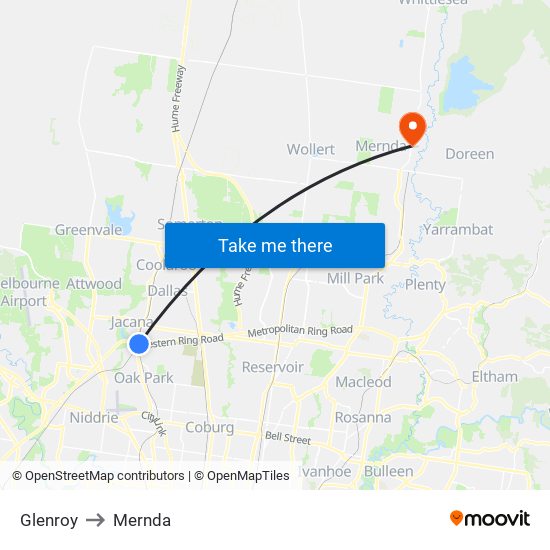Glenroy to Mernda map