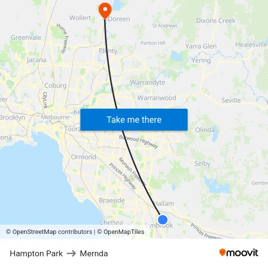 Hampton Park to Mernda map