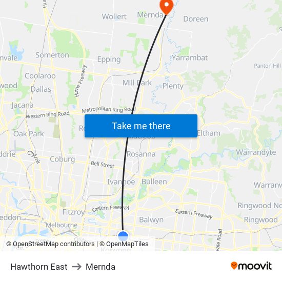 Hawthorn East to Mernda map