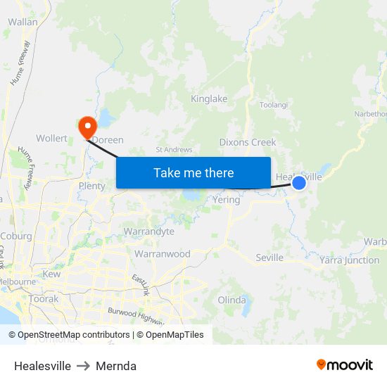 Healesville to Mernda map