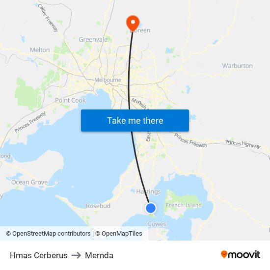 Hmas Cerberus to Mernda map