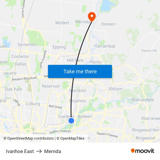 Ivanhoe East to Mernda map