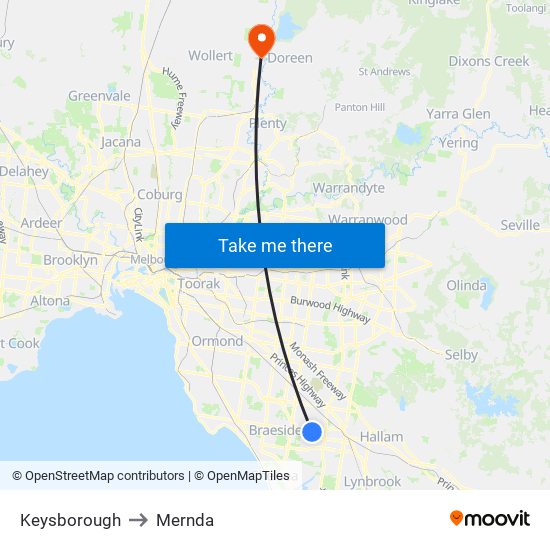 Keysborough to Mernda map