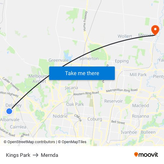 Kings Park to Mernda map