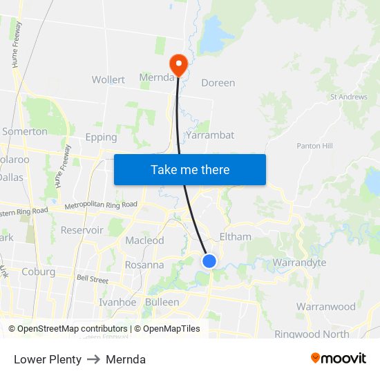 Lower Plenty to Mernda map