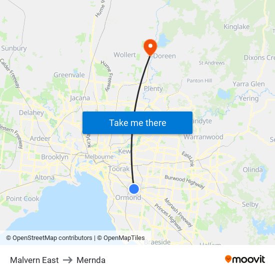 Malvern East to Mernda map