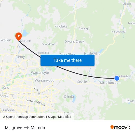 Millgrove to Mernda map