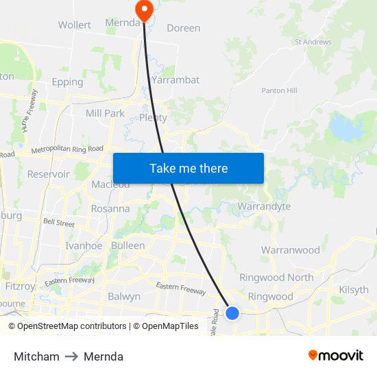 Mitcham to Mernda map