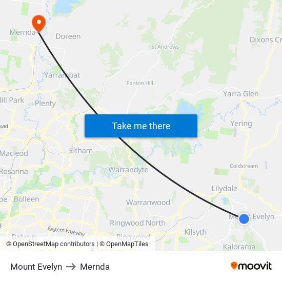 Mount Evelyn to Mernda map