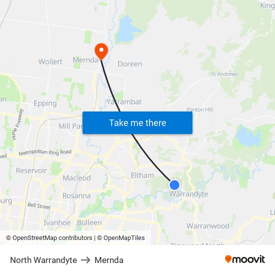 North Warrandyte to Mernda map