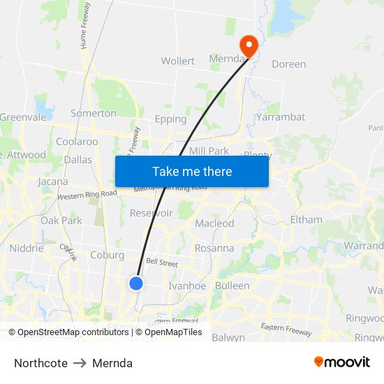 Northcote to Mernda map