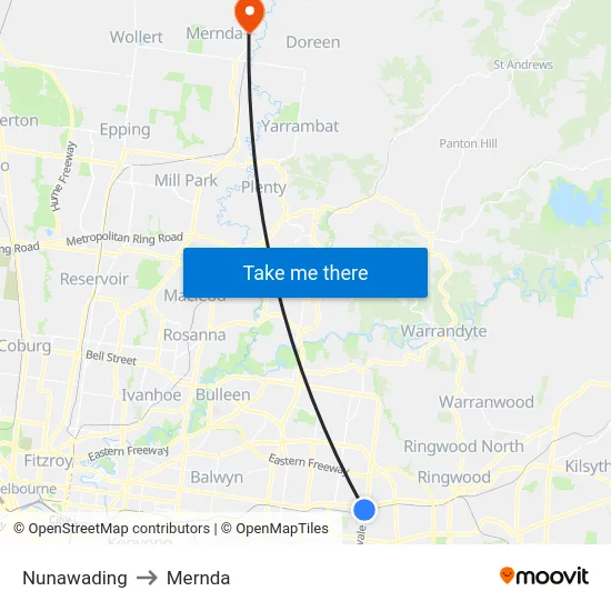 Nunawading to Mernda map