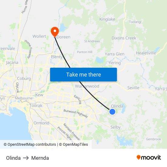 Olinda to Mernda map