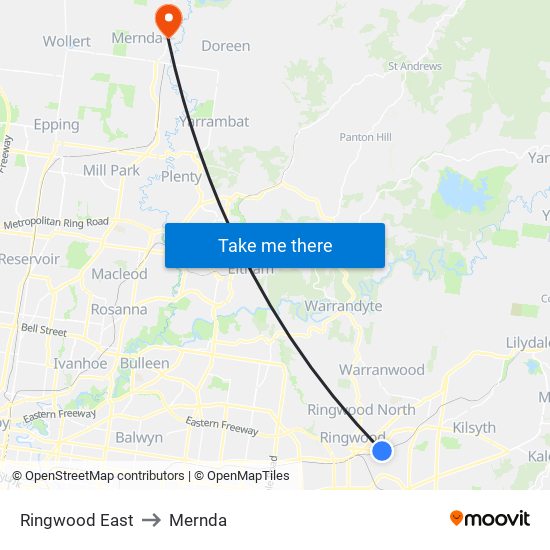 Ringwood East to Mernda map