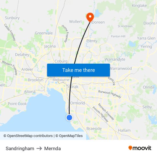 Sandringham to Mernda map